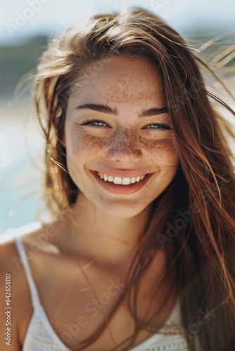Realistic young woman with natural skin blemishes smiling outdoors © Lakkhana