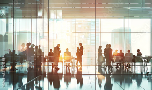 A group of people are sitting at tables in a large room with a view of the city