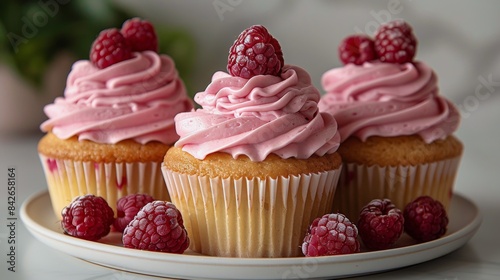 Pink Raspberry Swirl Cupcakes on White Plate