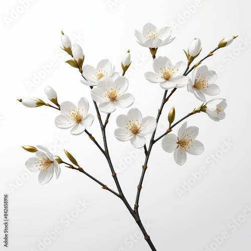 A close-up of delicate white cherry blossoms on a branch  showcasing their intricate details against a plain white background. The image captures the purity and elegance of springtime blooms.