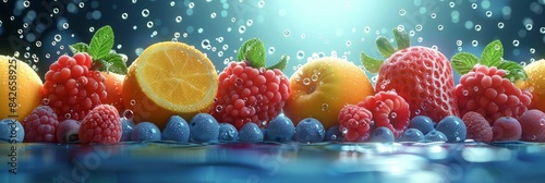 Fresh Fruit Splashing in Water With Bubbles