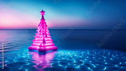 Beautiful floating pink christmas tree on water