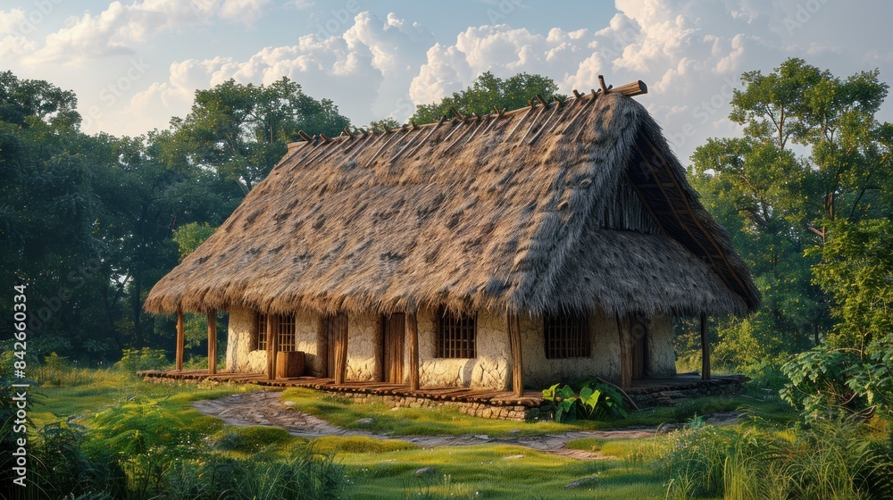 huge family longhouse for a tropical ecosystem, walls of white clay brick, thatched roofs, building built on wooden stilts over grass, wattle and daub house, windows with wooden panels, huge family longhouse for a tropical ecosystem, walls of white clay brick, thatched roofs, building built on wooden stilts over grass, wattle and daub house, windows with wooden panels,
