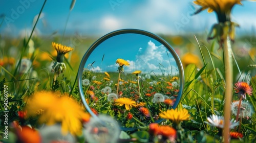 A Dandelion Field Reflected in a Golden Circle photo