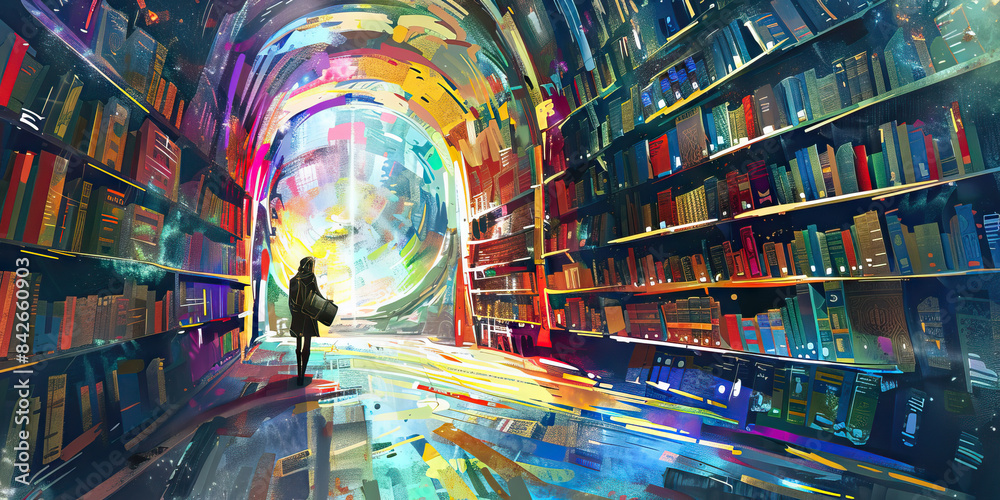 Obraz premium The Cosmic Library: Religions as Books in the Library of Humanity - Imagine different religions as books in a vast library, each containing the wisdom, beliefs, and stories of a unique spiritual tradi