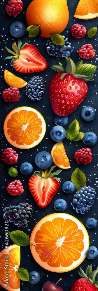 Vibrant Fruit Collage With Oranges, Strawberries, and Blackberries Vibrant Fruit Collage With Oranges, Strawberries, and Blackberries