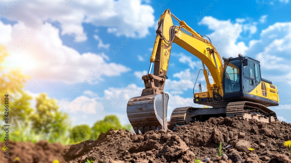 Yellow Excavator Operating on a Construction Site with a Clear Sky Yellow Excavator Operating on a Construction Site with a Clear Sky
