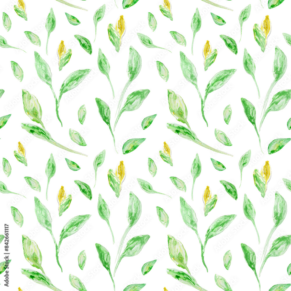 Spring, summer seamless pattern with leaves on a white background. Hand-drawn illustration for design, wallpapers, packaging, wrapping paper, covers, posters, packaging, fabrics. Spring, summer seamless pattern with leaves on a white background. Hand-drawn illustration for design, wallpapers, packaging, wrapping paper, covers, posters, packaging, fabrics.