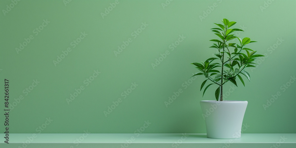 Minimalist single green plant in a white pot sits on a light green shelf against a green wall Minimalist single green plant in a white pot sits on a light green shelf against a green wall
