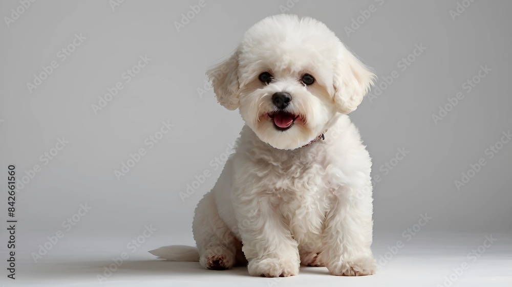 A cute Bichon Frize dog puppy sitting on a solid white background with space above for text 