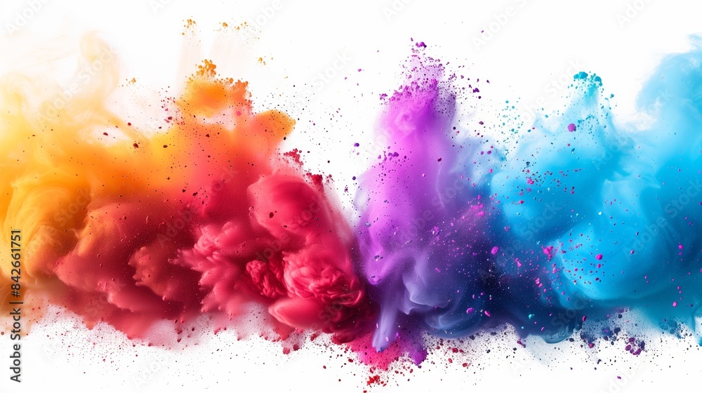 Explosive Burst of Colorful Dry Pigments in Mid-Air Against White Background Explosive Burst of Colorful Dry Pigments in Mid-Air Against White Background