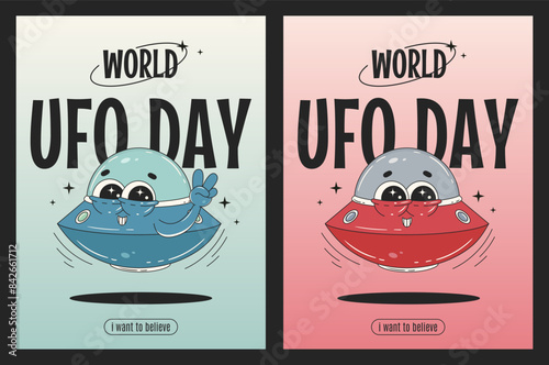 World UFO day retro poster. Funny flying saucer character in trendy groovy 60s-70s style.