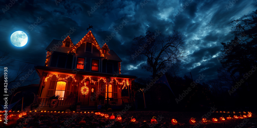 A spooky house illuminated with string lights under a full moon on a stormy Halloween night A spooky house illuminated with string lights under a full moon on a stormy Halloween night