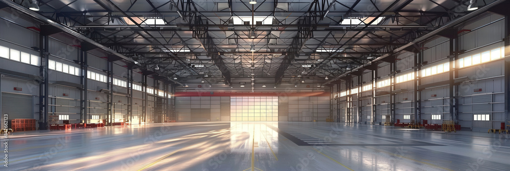 Large empty warehouse with sunlight streaming through the windows.ndustrial interior features high ceilings, metal beams, for storage and logistics operations.. Large empty warehouse with sunlight streaming through the windows.ndustrial interior features high ceilings, metal beams, for storage and logistics operations..