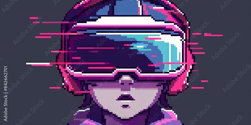 Fototapeta premium Man wearing virtual reality glasses, depicted in digital illustration style with bright neon colors and abstract lines