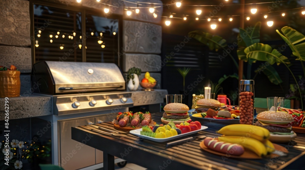 A festive patio barbecue with a modern grill, a table set with classic foods like burgers, hot dogs, and a colorful fruit platter, under a canopy of string lights. A festive patio barbecue with a modern grill, a table set with classic foods like burgers, hot dogs, and a colorful fruit platter, under a canopy of string lights.