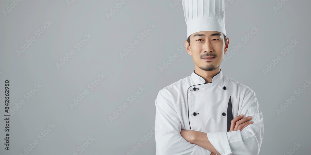 A portrait of a male Asian chef in a white uniform, standing with arms crossed in front of a grey background A portrait of a male Asian chef in a white uniform, standing with arms crossed in front of a grey background