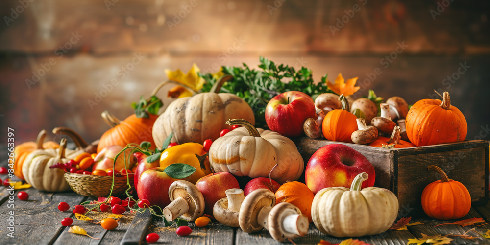 A rustic autumnal display with pumpkins, apples, mushrooms, and other fall produce A rustic autumnal display with pumpkins, apples, mushrooms, and other fall produce