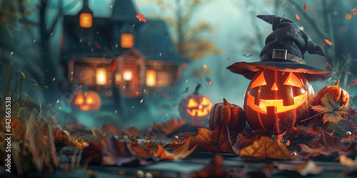 A Jack OLantern with a witch hat sits in front of a spooky haunted house on Halloween night photo