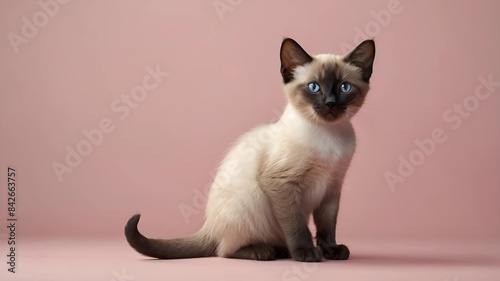 A cute Siamese kitten sitting on a solid light pink background with space above for text © Thanawut