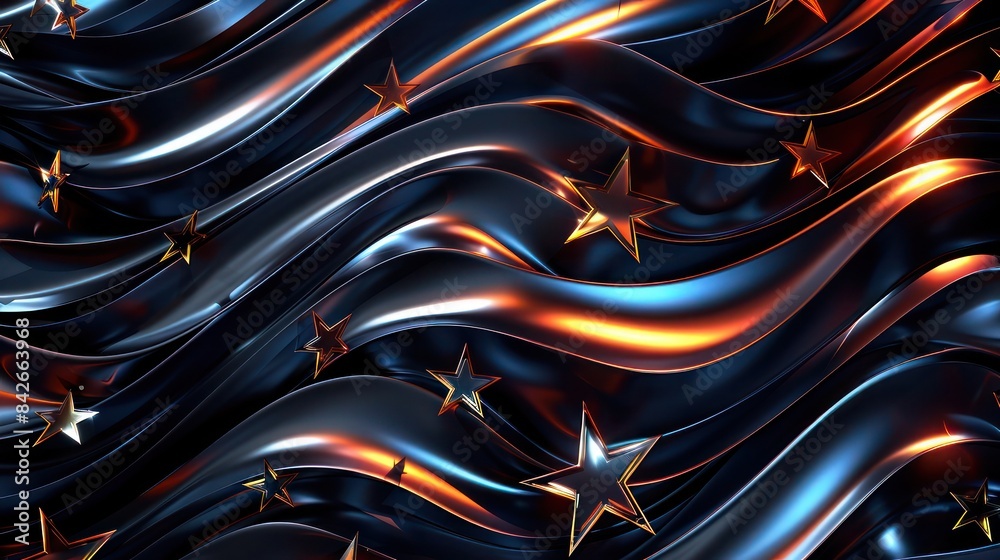 A fluid, wavy pattern of stars and stripes blending together, with a metallic sheen and rich colors that emphasize depth and texture. A fluid, wavy pattern of stars and stripes blending together, with a metallic sheen and rich colors that emphasize depth and texture.