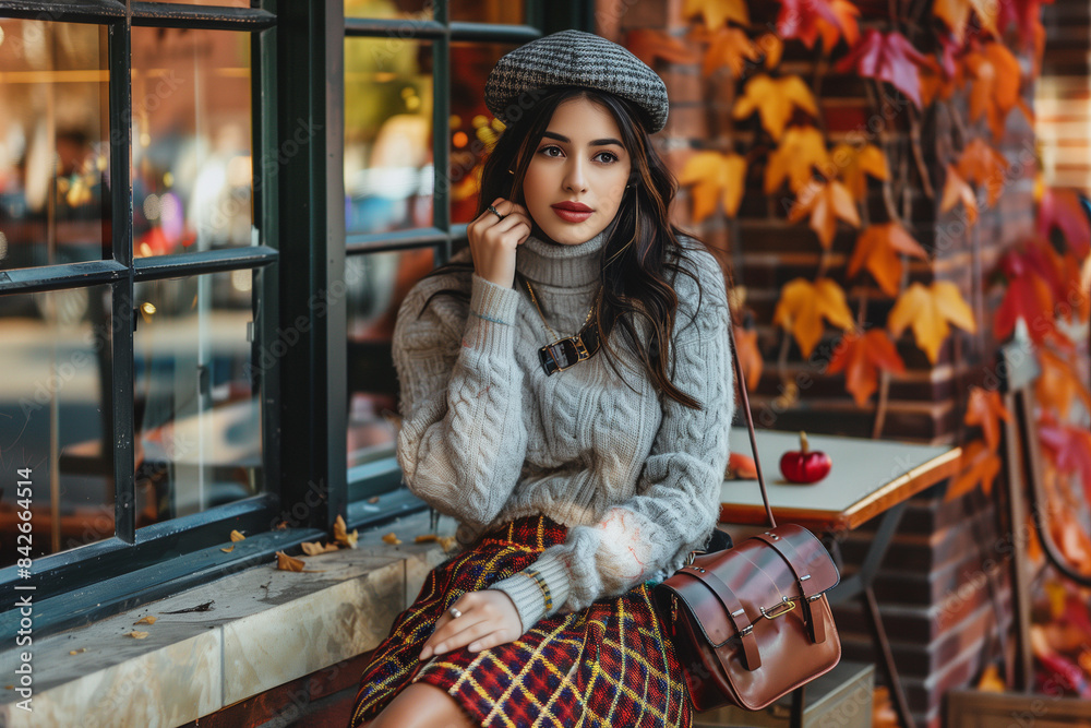 A latino young woman in a grey sweater and plaid skirt sits outside a cafe, wearing a beret on an autumn day A latino young woman in a grey sweater and plaid skirt sits outside a cafe, wearing a beret on an autumn day