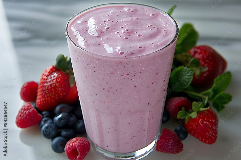 A glass of berry smoothie with raspberries and blueberries.
Concept: healthy eating, summer refreshing drinks, culinary blogs, cafe and restaurant menus. A glass of berry smoothie with raspberries and blueberries.
Concept: healthy eating, summer refreshing drinks, culinary blogs, cafe and restaurant menus.