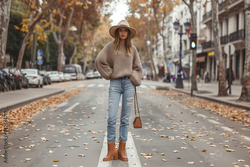 A young woman in a knitted sweater and hat walks down a city street in autumn