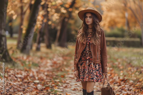 A trendy young woman walks through an autumn park, wearing a floral dress, brown leather jacket, and hat