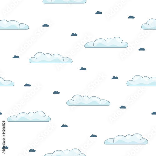 Cumulus cloud cartoon. Seamless pattern. Sky air symbol. Vector drawing. Design ornaments.