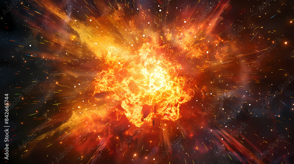 Naklejka premium Fiery explosion in space with bright bursts of orange and red flames