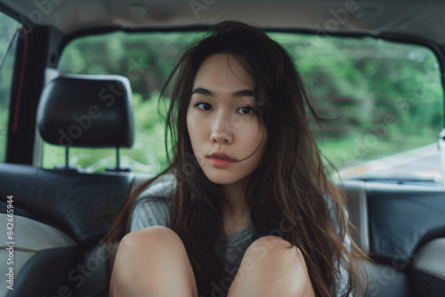 a woman sitting in the back seat of a car © mizmizstk