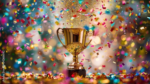 gold trophy cup, gleaming gold winners trophy cup takes center stage, surrounded by a festive explosion of colorful celebration confetti and sparkling glitter, symbolizing victory and success in a com