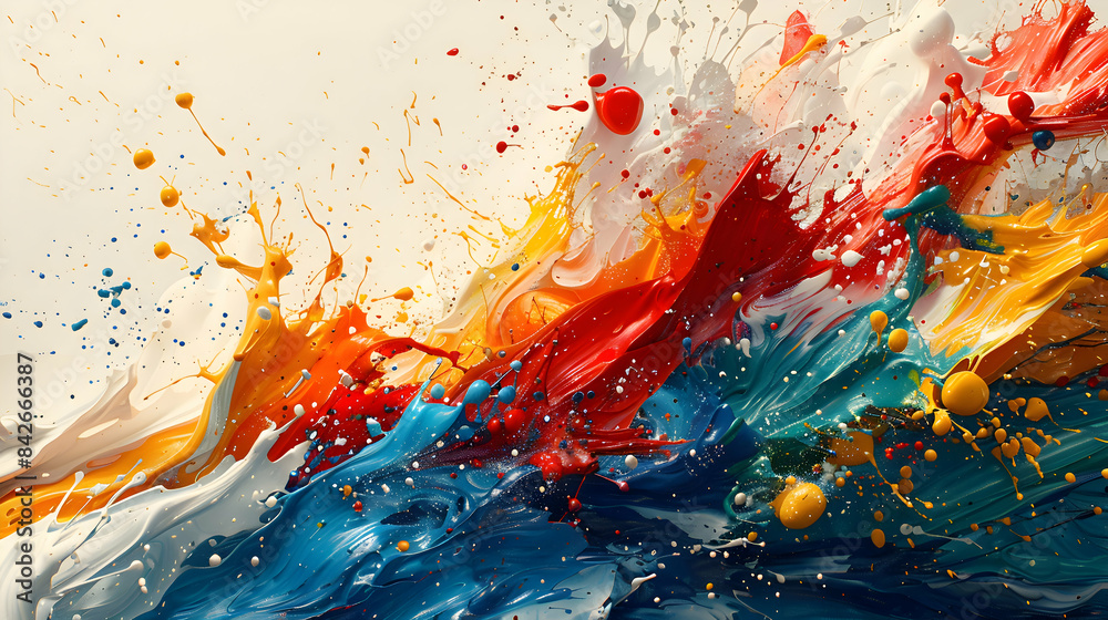 Energetic splashes of colorful paint in red, blue, green, and yellow scattered on a pure white surface, dynamic and captivating Energetic splashes of colorful paint in red, blue, green, and yellow scattered on a pure white surface, dynamic and captivating