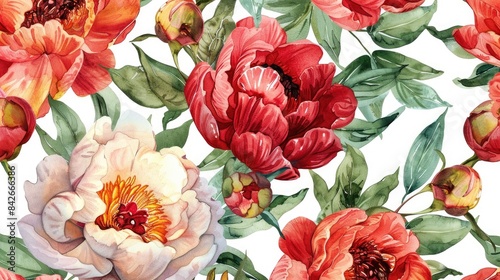 Beautiful seamless pattern featuring bouquets of vibrant peonies and leaves hand drawn in watercolor