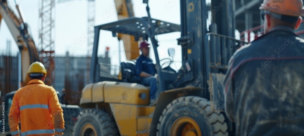 Workers using hand signals and verbal cues to guide a large forklift through a busy construction site. Workers using hand signals and verbal cues to guide a large forklift through a busy construction site.