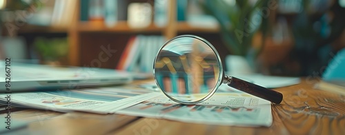 Magnifying glass on table full of business graphs, charts documents. Concept of Financial development, Business, Banking Account, Statistics, Searching, looking for, Data, Tax Day