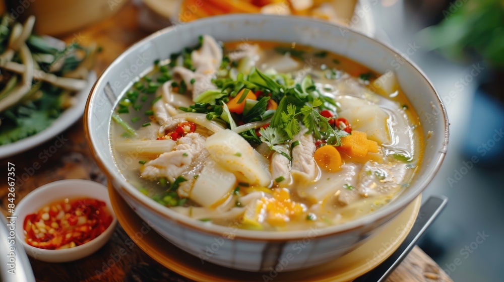 Bowl of chicken soup with fiery boiled bamboo shoots