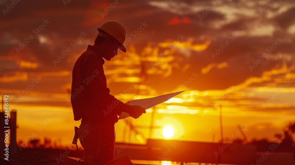 Fototapeta premium The sun sets behind a hardworking laborer who meticulously measures his blueprint before beginning construction.
