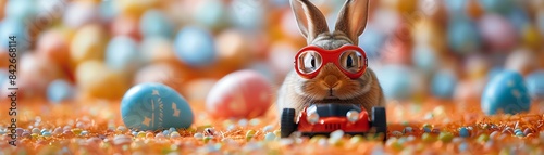 Bunny in aviator goggles driving a toy car, surrounded by Easter eggs, playful and cute photo