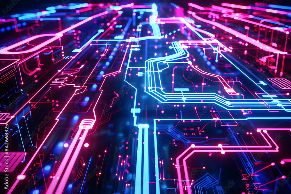 Vivid neon circuitry sprawling across a dark void Vivid neon circuitry sprawling across a dark void