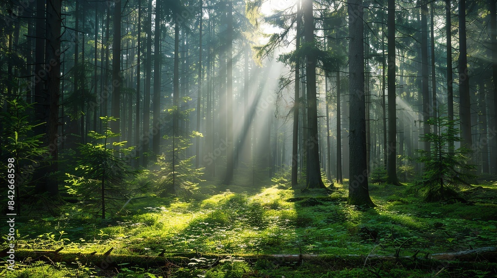 Fototapeta premium Misty green forest with tall trees and sunlight breaking through