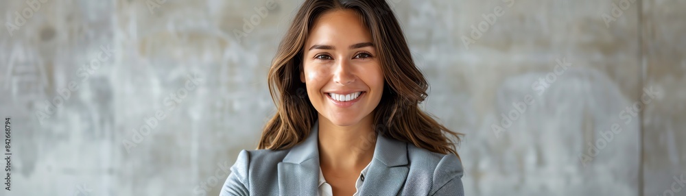 Smiling businesswoman in gray blazer, white background, professional portrait Smiling businesswoman in gray blazer, white background, professional portrait