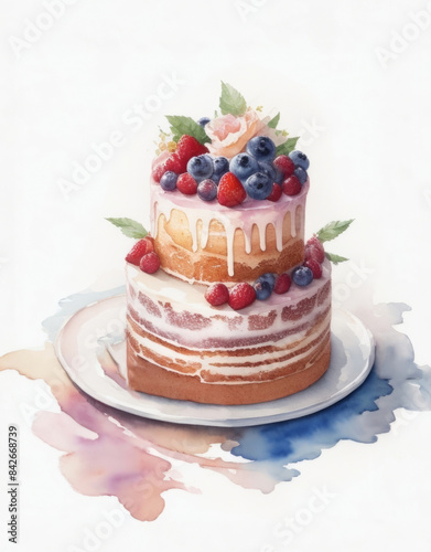 Watercolor sponge cake decorated with berries  blueberries  strawberries  raspberries  green leaves  flowers  chocolate. On a plate  on a white background.