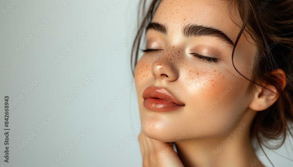 Naklejka premium Woman with perfect skin, minimalist background, graceful pose