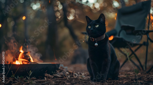black cat wearing a leather collar. sitting next to a firepit with camping chairs behind him in an outdoor setting with evening light. bokeh effect 