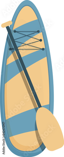 Surfboard with paddle tied on it, ready for practicing stand up paddling