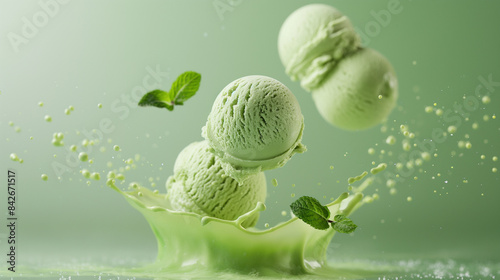 Scoop of green matcha ice cream in light green background. Summer concept. photo