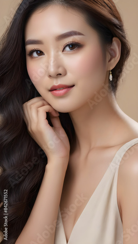 Portrait photo of an Asian beauty model in Japanese or Korean attire, set up photo