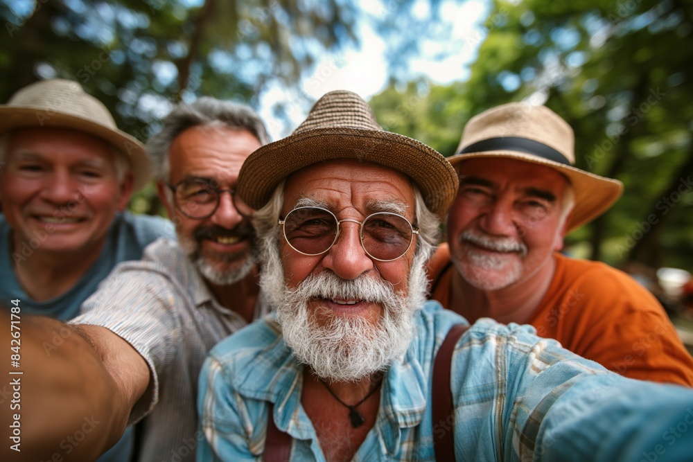 Group of elderly men taking a fun selfie in the park, enjoying their camaraderie Group of elderly men taking a fun selfie in the park, enjoying their camaraderie